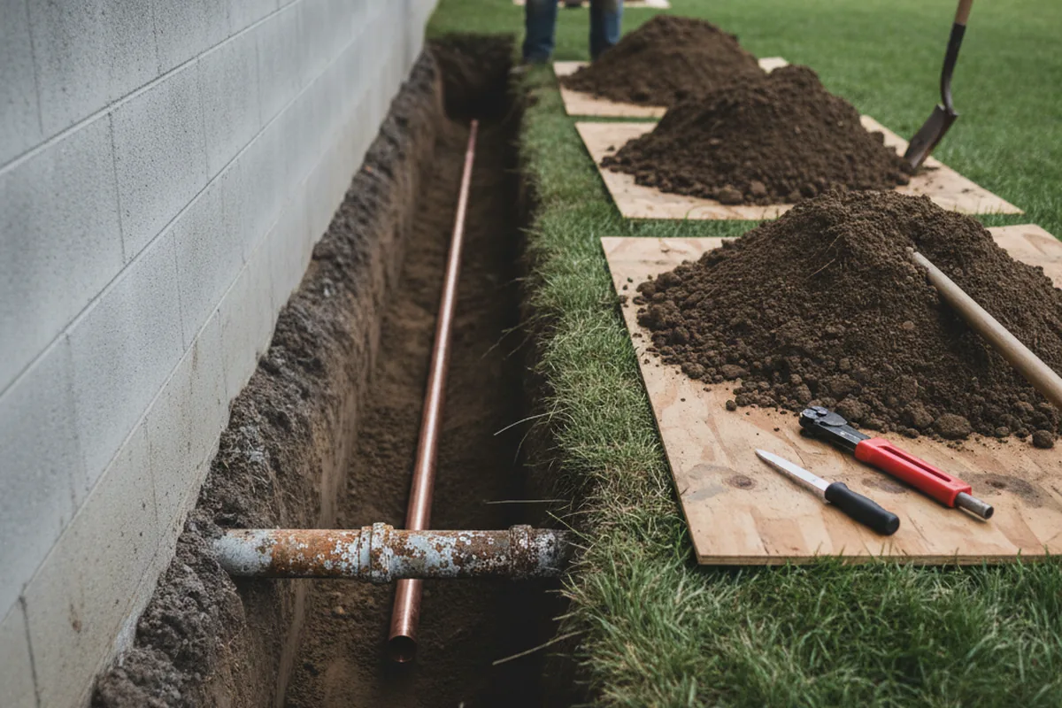Excavated water line trench during Water Heater Repair in Fenton